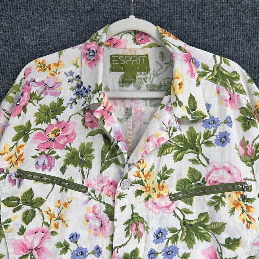 Vintage Esprit Cropped Jacket Womens Large Floral Linen Blend Boxy Pockets 80s - Picture 2 of 13